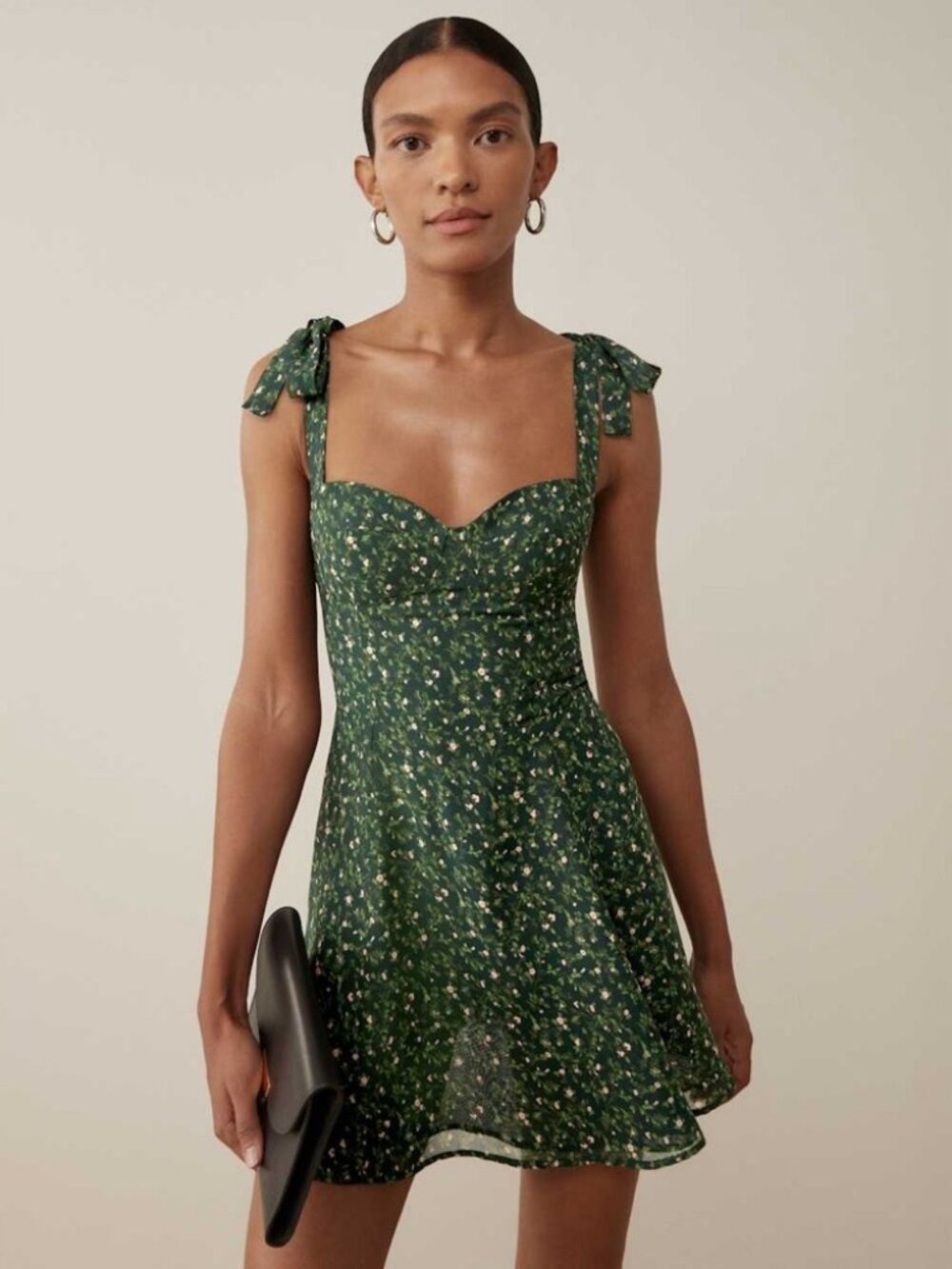 Reformation Green Floral Tie-Shoulder Mini Dress
